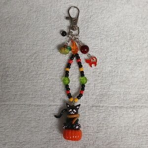 Cat On A Pumpkin Keychain, Handmade